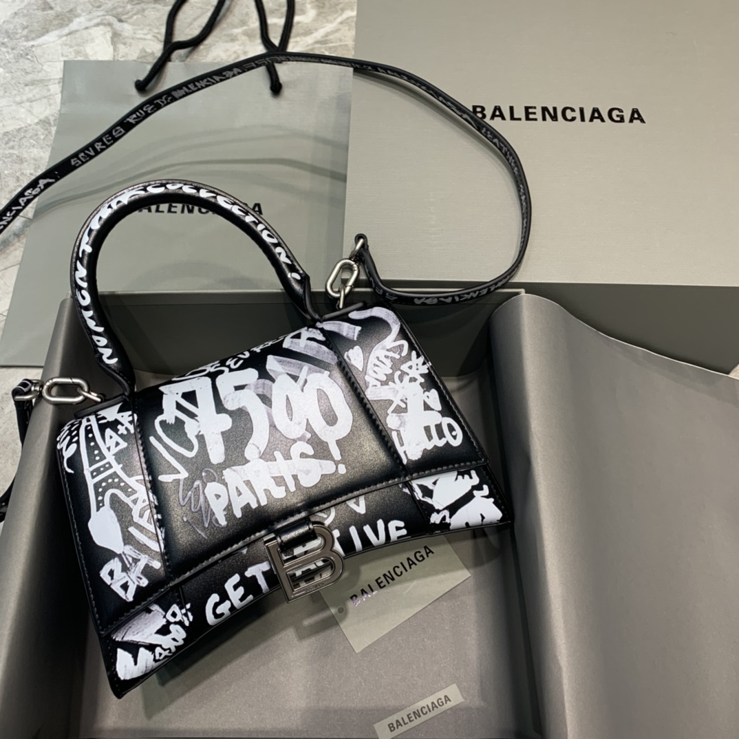 Balenciaga Hourglass Small Handbag Graffiti Shoulder Bag Black